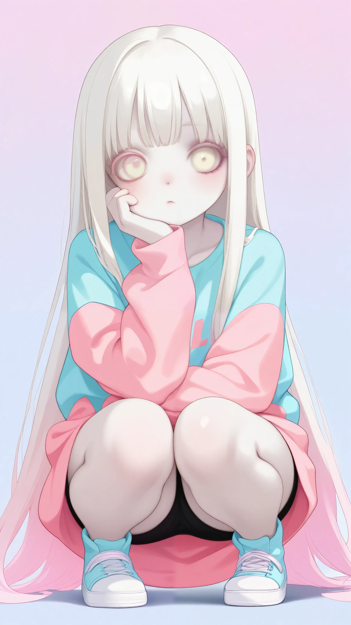  bright color:1.7、((( Pale pastel colors :1.7)))、( top quality 、masterpiece、  very detailed、  One Girl  、((Very cute face )) , ((  long hair )), Long white hair,  very long straight hair , Short bangs, Albino white skin, Pale yellow eyes ,  super cute girl  ,   yellow eyes.   squat,   gothic t-shirt   , 