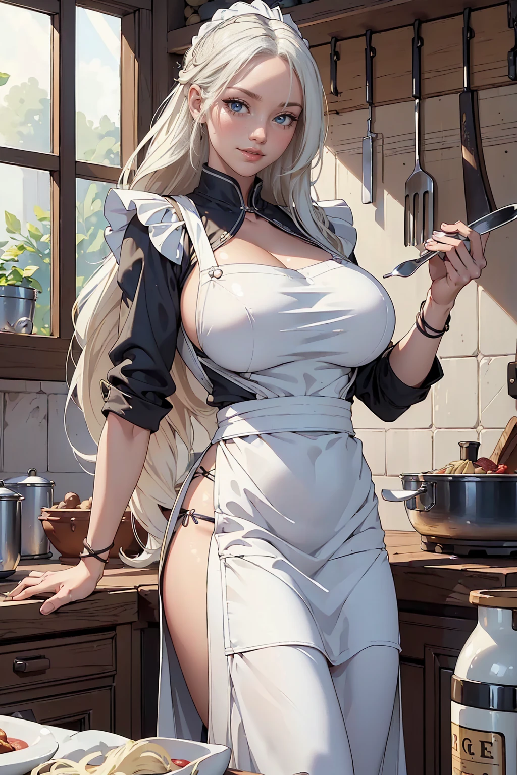 masterpiece, high quality, 4K, Beautiful design, silhouette,blonde, Very detailed,In the kitchen, wonderful, Finer details, Very knowledgeable woman, Very detailedソロ, 1 female,Big Breasts,Butt,cooking エプロン,cooking,