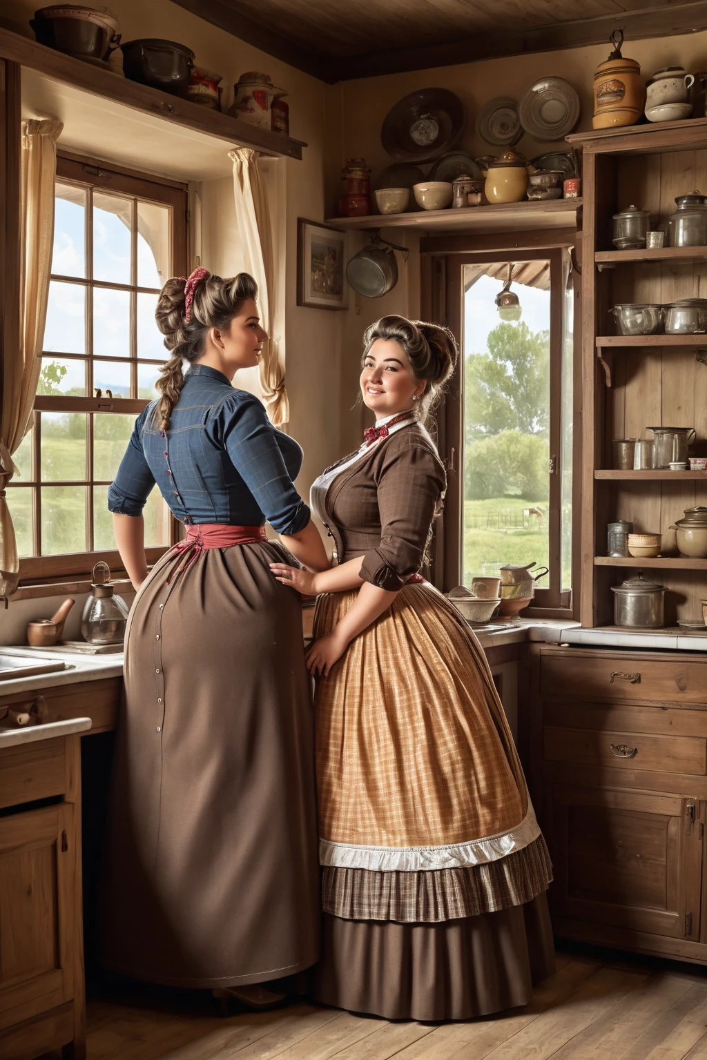 Two very poor old women from the 18th century, in a cottage kitchen, dressed in rags revealing their breasts and pubes, tenderly engaged in intense lesbian seduction.