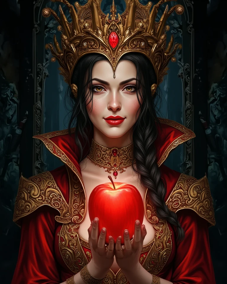 A portrait of a nefarious mischievous Queen Grimhelda with an enigmatic otherworldly glowing red apple in her hands, detailed face, insanely detailed and intricate, ornate, hyper realistic, hyper maximallist, masterpiece professional illustration in Don Lawrence style