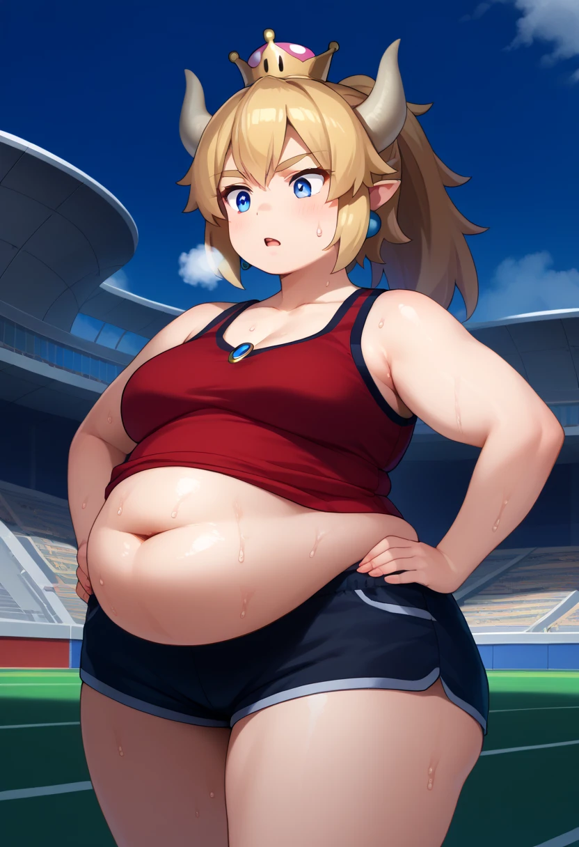 Bowsette,brown hair,blue eyes,blonde ponytail,small crown, number 8 red tanktop, black shorts, midriff, number 8, standing, sweaty, exhausted, hand on hips soccer field, science fiction, outdoors, (insanely detailed, masterpiece, best quality), sweating profusely, exhausted, breathing, open mouth, steam coming out of her mouth, hands on hips, dripping sweat, dripplits of sweat on the floor, puddle of sweat, thick, obese, soft belly, chubby, wide hips, sexy hips, half body, big belly, thicc thighs