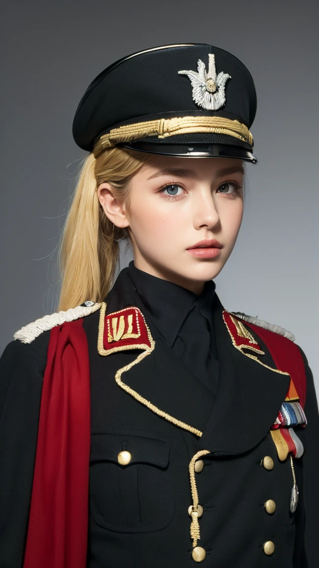 (((Best quality, 8k, Masterpiece: 1.3)), ((best quality)), ((masterpiece)), (detailed), perfect face, Military uniform, French officer, Napoleon, blonde hair, ponytail, serious