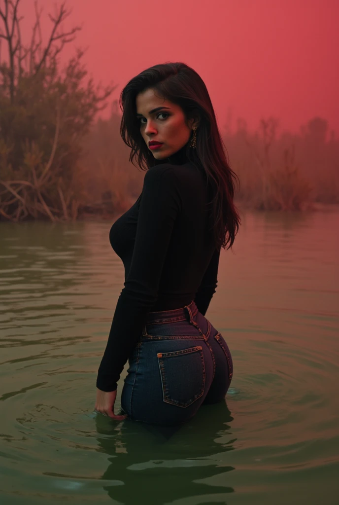   mature woman , dark orgasm , turtlenecks and flared jeans , drowning in a swamp with quicksand, green,red,sky, red lips,  turns around, provocative photo shoot  