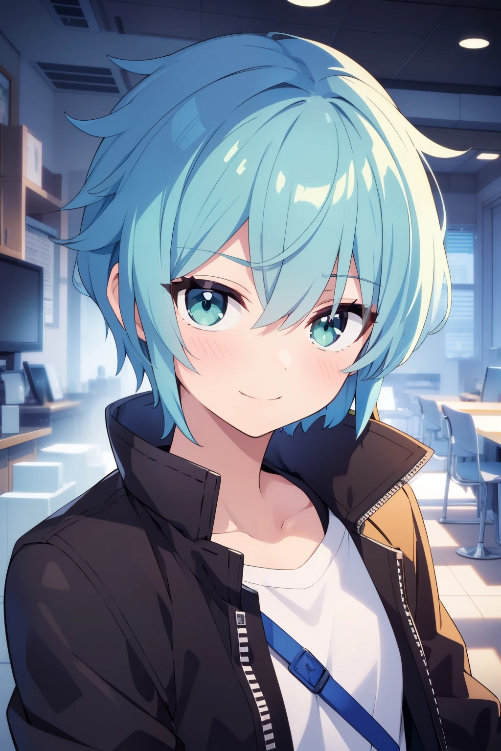 (high-quality, breathtaking),(expressive eyes, perfect face) 1boy, male, solo, ddler, young , light blue hair, green coloured eyes, stylised hair, gentle smile, shortlength hair, loose hair, side bangs, curley hair, spiky hair, modern clothes, black jacket, dark sapphire blue and white tshirt, looking at viewer, portrait, symmetrical eyes