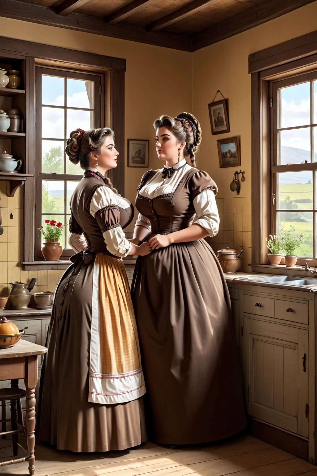 Two very poor old women from the 18th century, in a cottage kitchen, dressed in rags revealing their breasts and pubes, tenderly engaged in intense lesbian seduction.