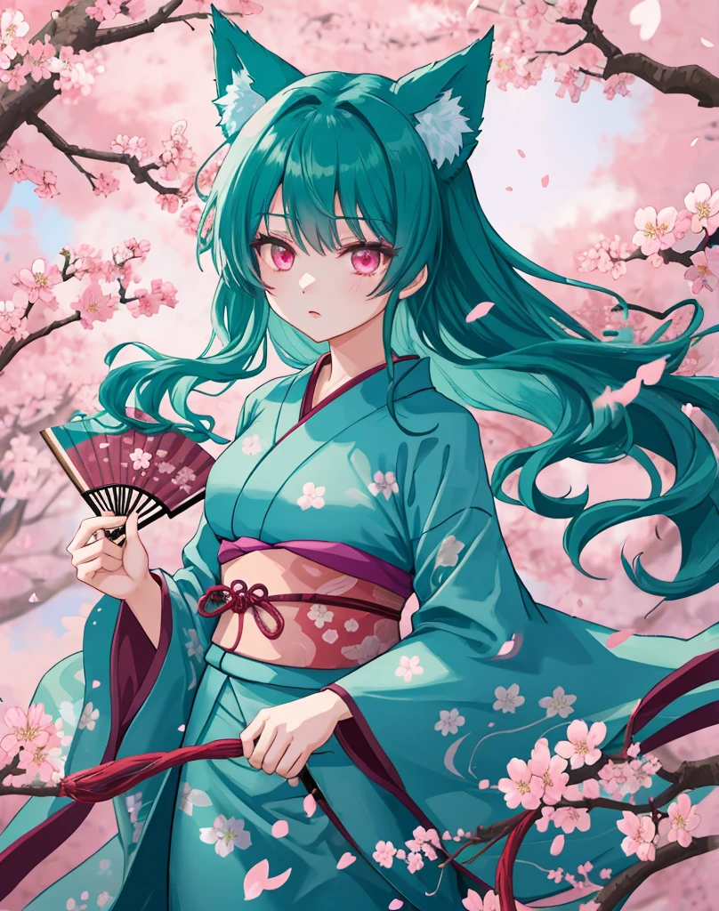 woman long wavy dark teal green hair, pink eyes, as a main heroine of a edo japanese otome game, yukata, several cherry blossom at background, sword dance, slash effect, holding folding fan, wolf ears, one person