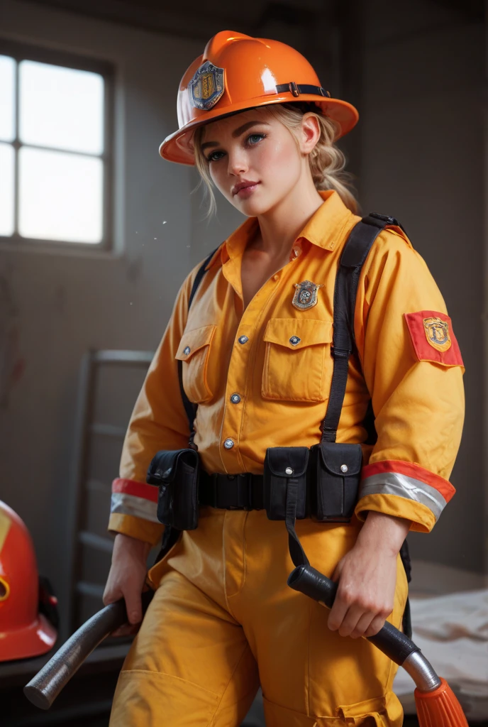Iskra Lawrence dressed in sexy firefighter clothes with painted lips and smiling