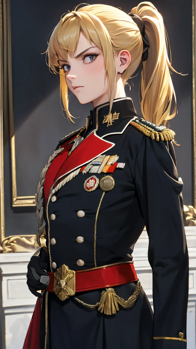 (((Best quality, 8k, Masterpiece: 1.3)), ((best quality)), ((masterpiece)), (detailed), perfect face, Military uniform, French officer, Napoleon, blonde hair, ponytail, serious