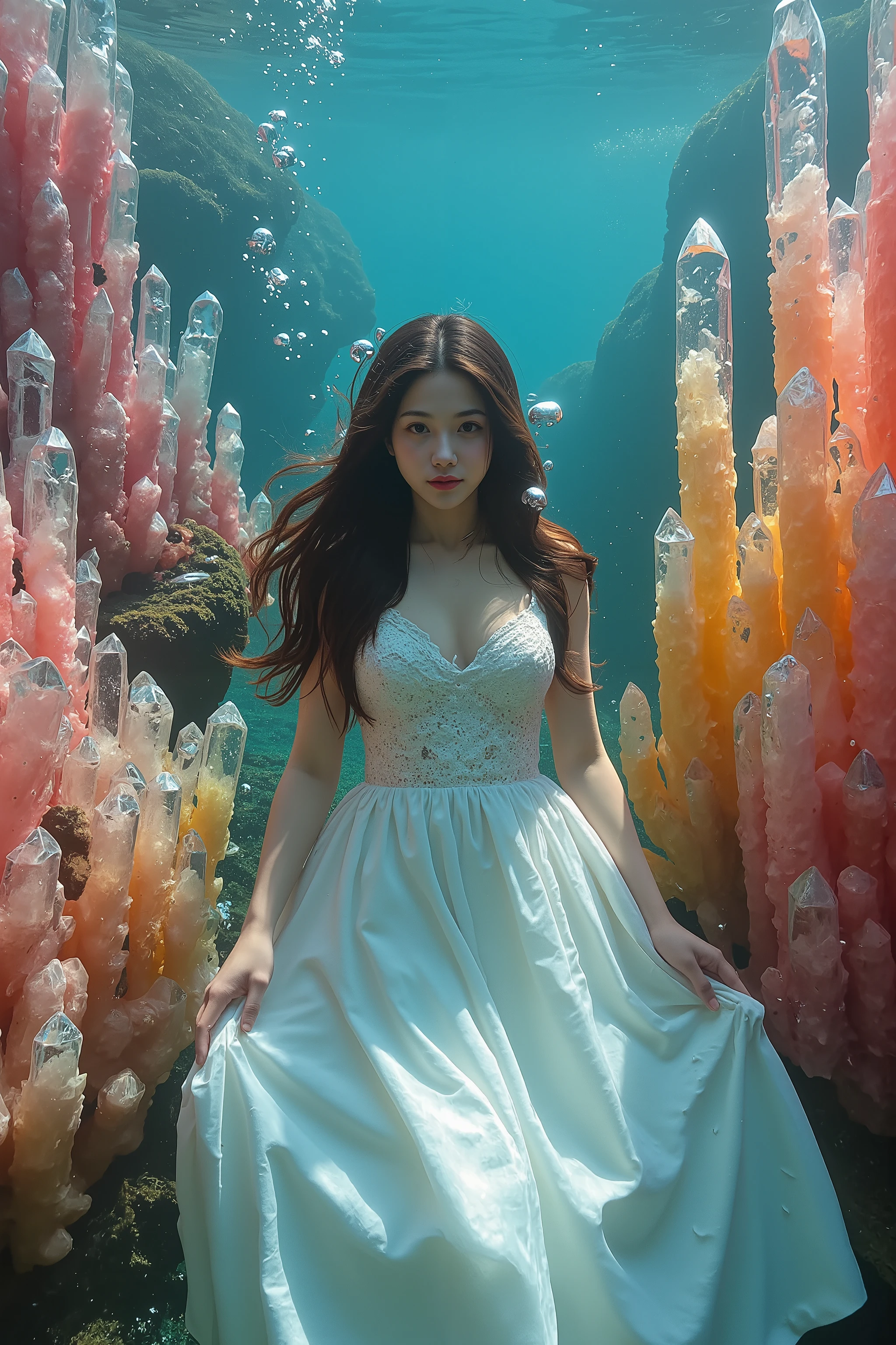 A beautiful young woman in a quartz crystal garden. Hundreds of translucent colorful quartz crystals and a young woman amongst them. She hangs out in the ocean in the shallows where the sunlight penetrates the water and illuminates the woman and the crystals glow. The woman blows ait bubbles yo the surface. photorealistic, cinematic photography, cinematic lighting, cinematic portrait, portrait photography, realistic, realism, ultra detailed, UHDR, full focus, highest quality, hyperrealistic,3D Rendering, 8K Octane, Cinematic, Cinematography, Digital Art, Photorealistic, Pixel Art, Pixel Assets, Depth Of Field, Best Quality, Award Winning, Masterpiece