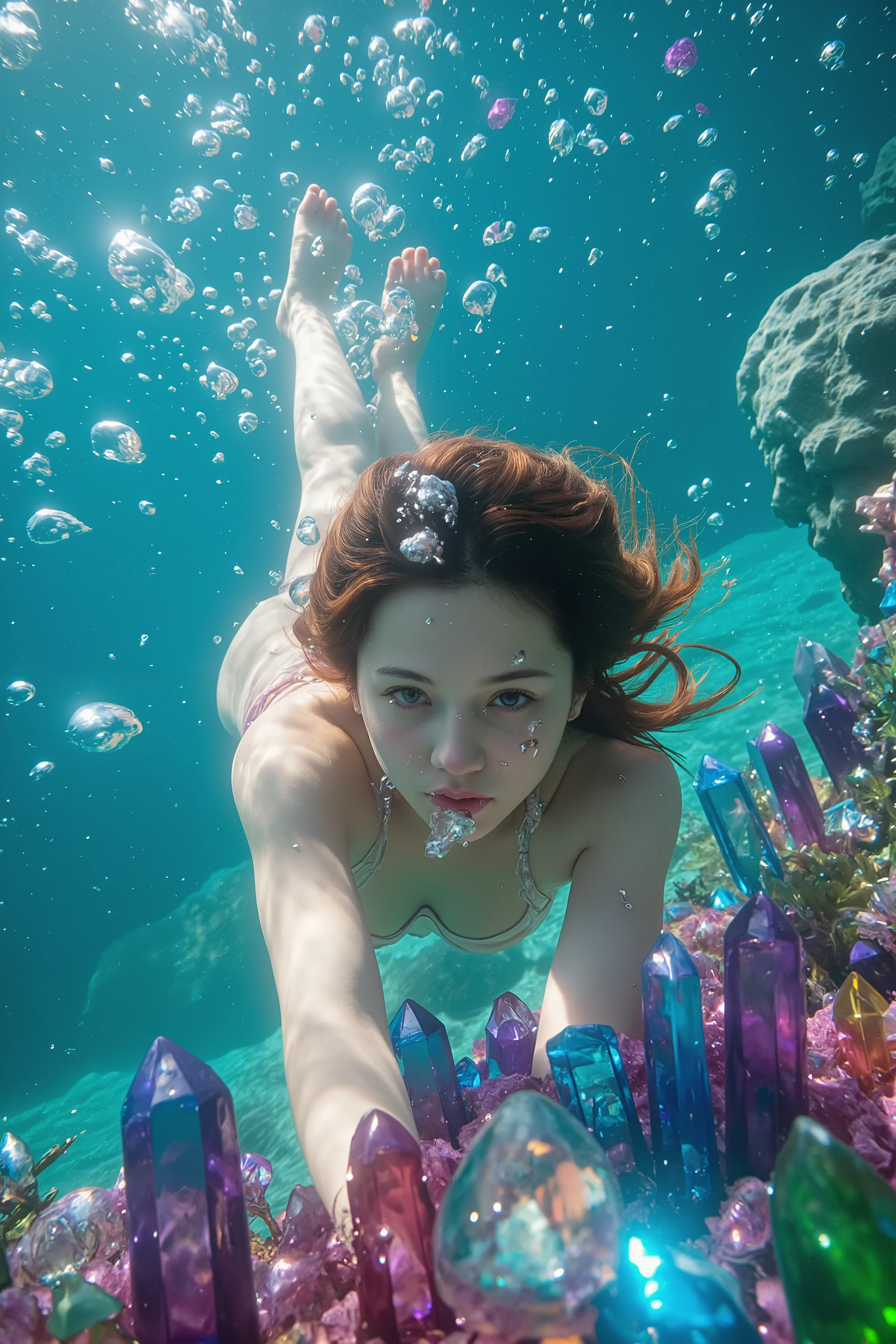 A beautiful young woman in a quartz crystal garden. Hundreds of translucent colorful quartz crystals and a young woman amongst them. She hangs out in the ocean in the shallows where the sunlight penetrates the water and illuminates the woman and the crystals glow. The woman blows ait bubbles yo the surface. photorealistic, cinematic photography, cinematic lighting, cinematic portrait, portrait photography, realistic, realism, ultra detailed, UHDR, full focus, highest quality, hyperrealistic,3D Rendering, 8K Octane, Cinematic, Cinematography, Digital Art, Photorealistic, Pixel Art, Pixel Assets, Depth Of Field, Best Quality, Award Winning, Masterpiece