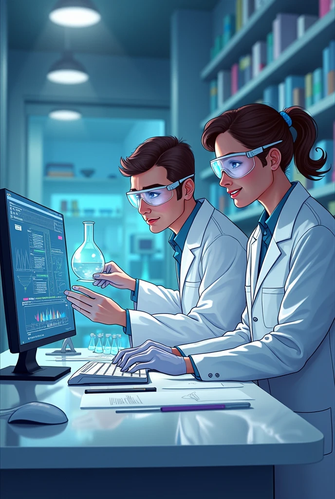 "An illustration showing the connection between science, technique and technology. In the image, A scientist, An engineer and a technician collaborate in a modern laboratory. The scientist is examining a formula on a digital screen, The engineer is designing a part on a tablet, and the technician is assembling a device with tools. Around it, There are symbols of science like atoms and molecules, Measuring tools and advanced technological devices. The background includes mathematical equations and circuits, symbolizing the integration of scientific knowledge, technical methods and technological tools."