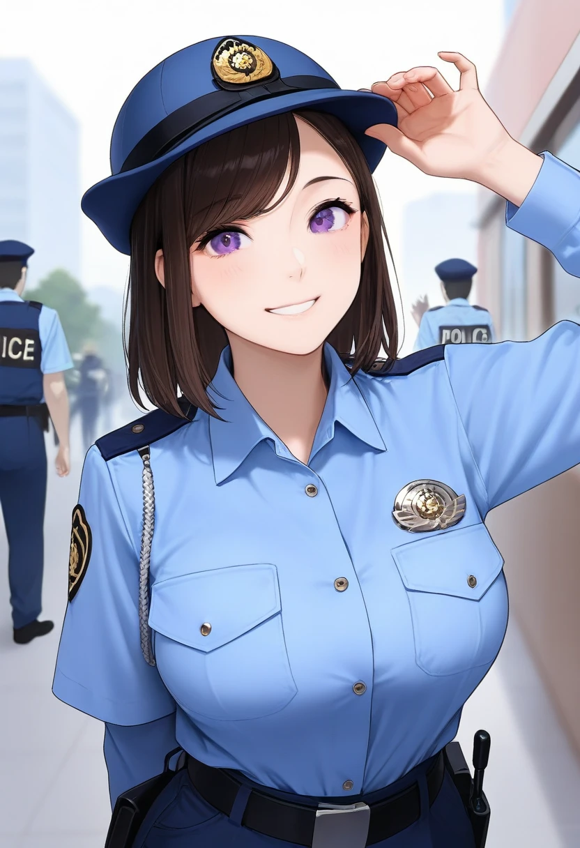 best quality,masterpiece,large breasts,purple eyes,dark brown hair,light blue shirt,blue pants,1girl, police badge,police hat,,breast pocket,swept bangs,smile