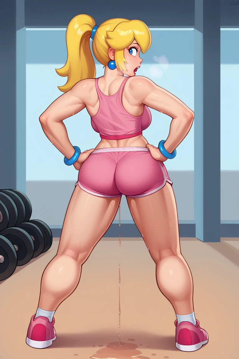 score_9, score_8_up, score_7_up, BREAK, 1girl, solo, princess peach, 1girl, solo, , blonde hair, ponytail, jewelry, bracelet, makeup, casual, cowboy shot, blue eyes, looking at the viewer, large breasts, hands on hips, pink large tanktop, sweaty, pink shorts, sweating profusely, open mouth, exhausted, heavy breathing, puddle of sweat on the ground, steam coming out her mouth, gym, indoors, she wears pink shoes, thick, soft belly, wide hips, sexy hips, full body, sexy ass, big ass back view, looking back
