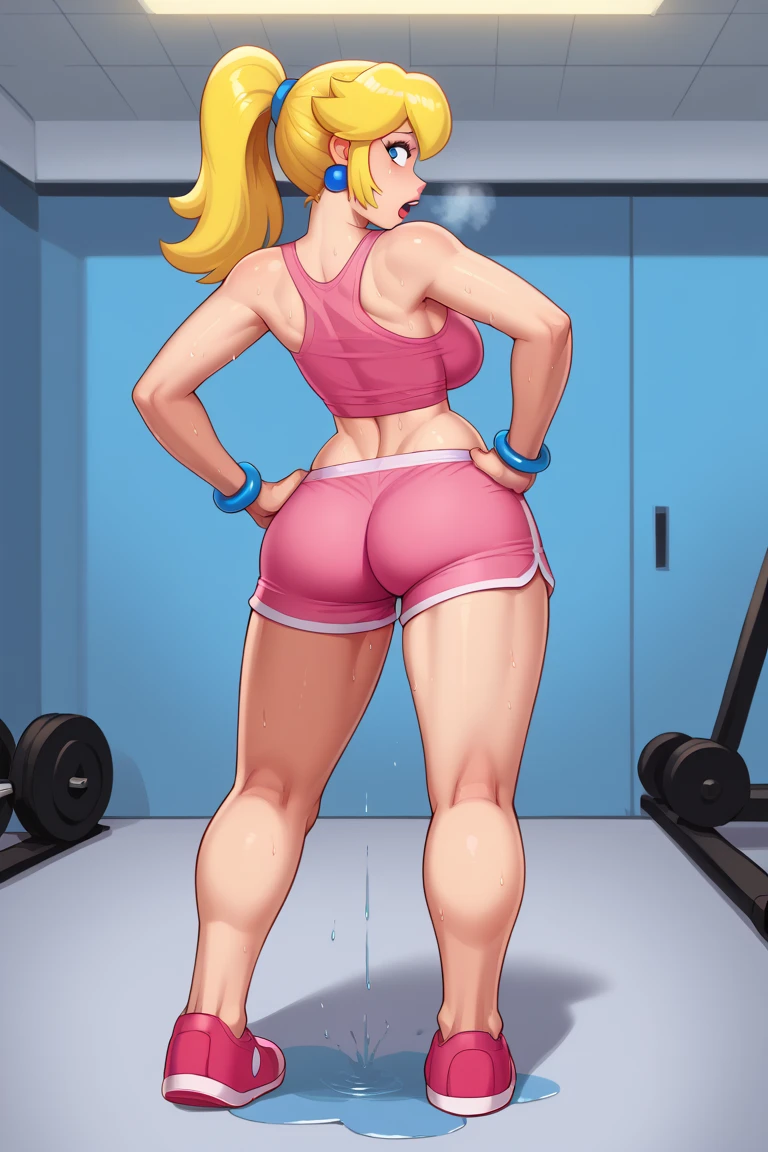 score_9, score_8_up, score_7_up, BREAK, 1girl, solo, princess peach, 1girl, solo, , blonde hair, ponytail, jewelry, bracelet, makeup, casual, cowboy shot, blue eyes, looking at the viewer, large breasts, hands on hips, pink large tanktop, sweaty, pink shorts, sweating profusely, open mouth, exhausted, heavy breathing, puddle of sweat on the ground, steam coming out her mouth, gym, indoors, she wears pink shoes, thick, soft belly, wide hips, sexy hips, full body, sexy ass, big ass back view, looking back
