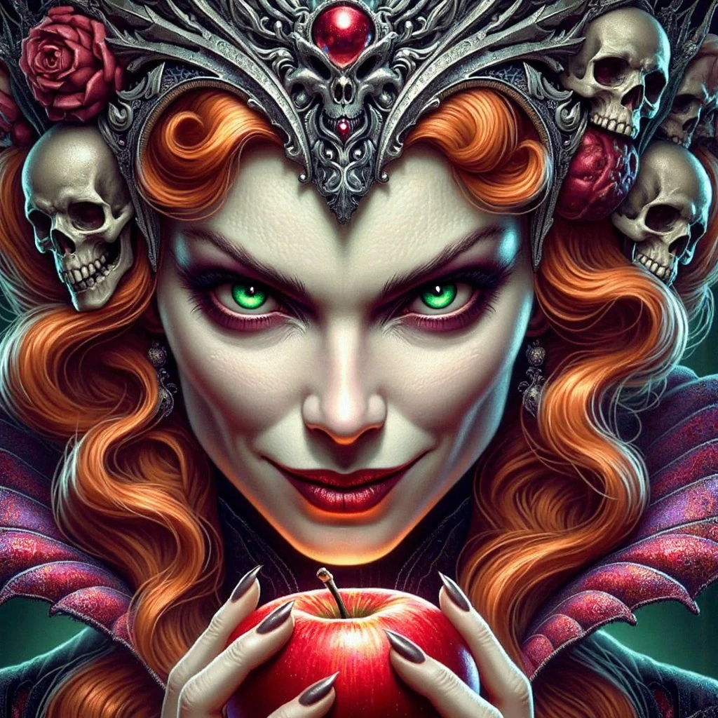 A portrait of a nefarious mischievous Beautiful Queen Grimhelda with an enigmatic otherworldly glowing red apple in her hands, detailed face, hyper realistic, hyper maximallist, masterpiece professional illustration in Don Lawrence style