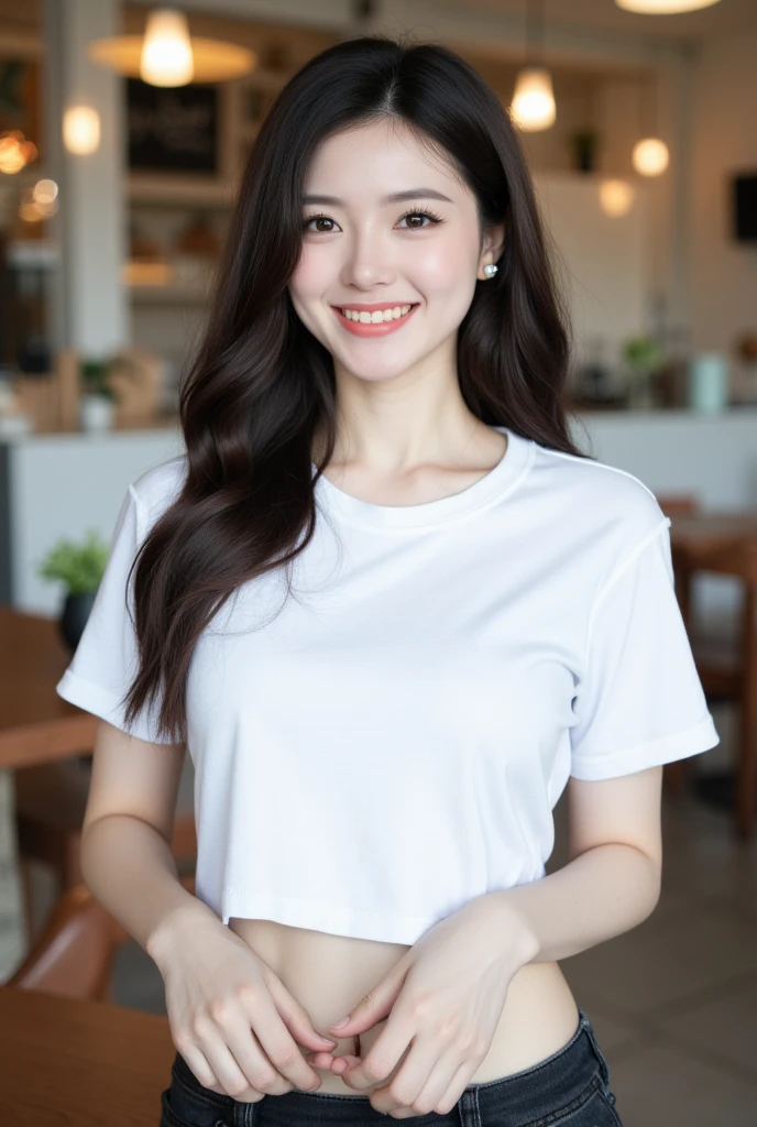 . The image is a digital graphic of a Thai woman. ,White skin and brown hair , Looking with a neutral face color . Smiling, seeing white teeth,, facial features including black eyes and a slight smile..  Cafe Background , focusing attention on her face,, wearing a cropped T-shirt, round neck, short sleeves, white ,Short pencil black denim skirt,Random Poses,Standing posture