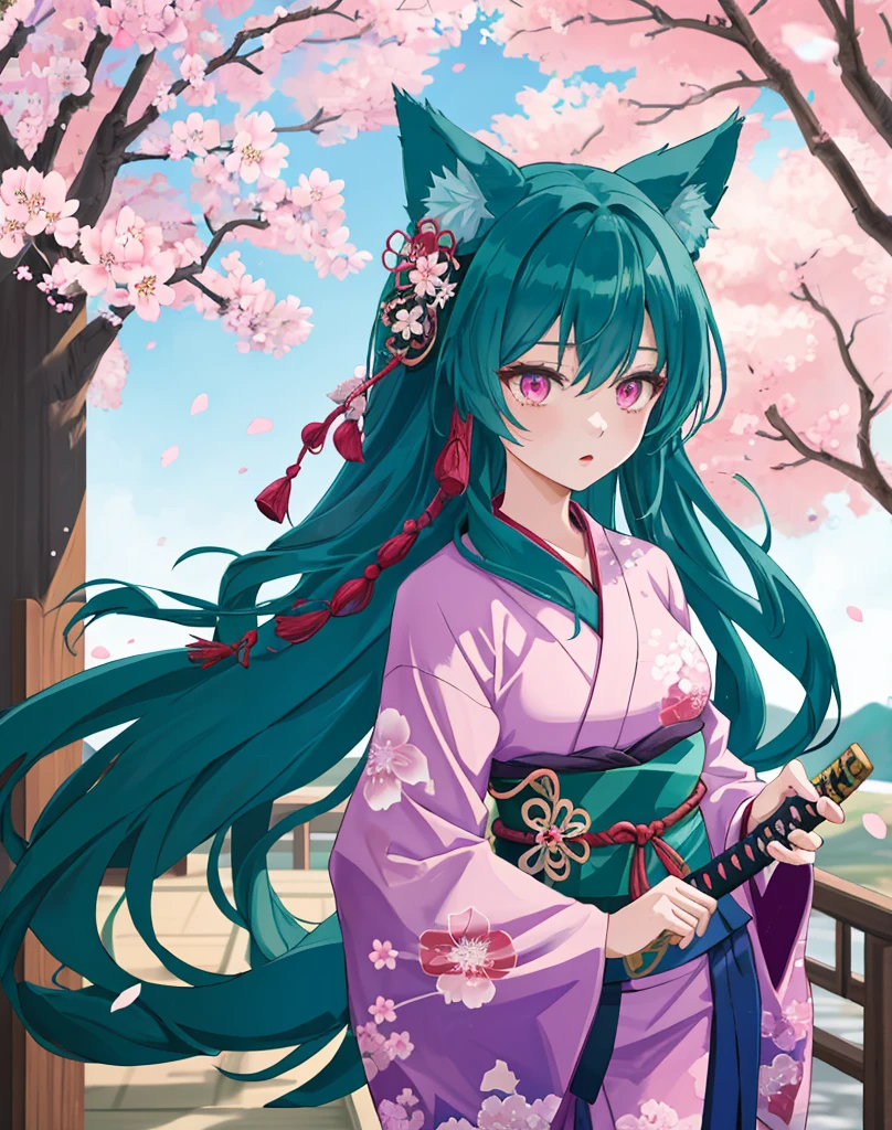 woman long wavy dark teal green hair, pink eyes, as a main heroine of a edo japanese otome game, yukata, several cherry blossom at background, sword dance, slash effect, holding katana, wolf ears, one person