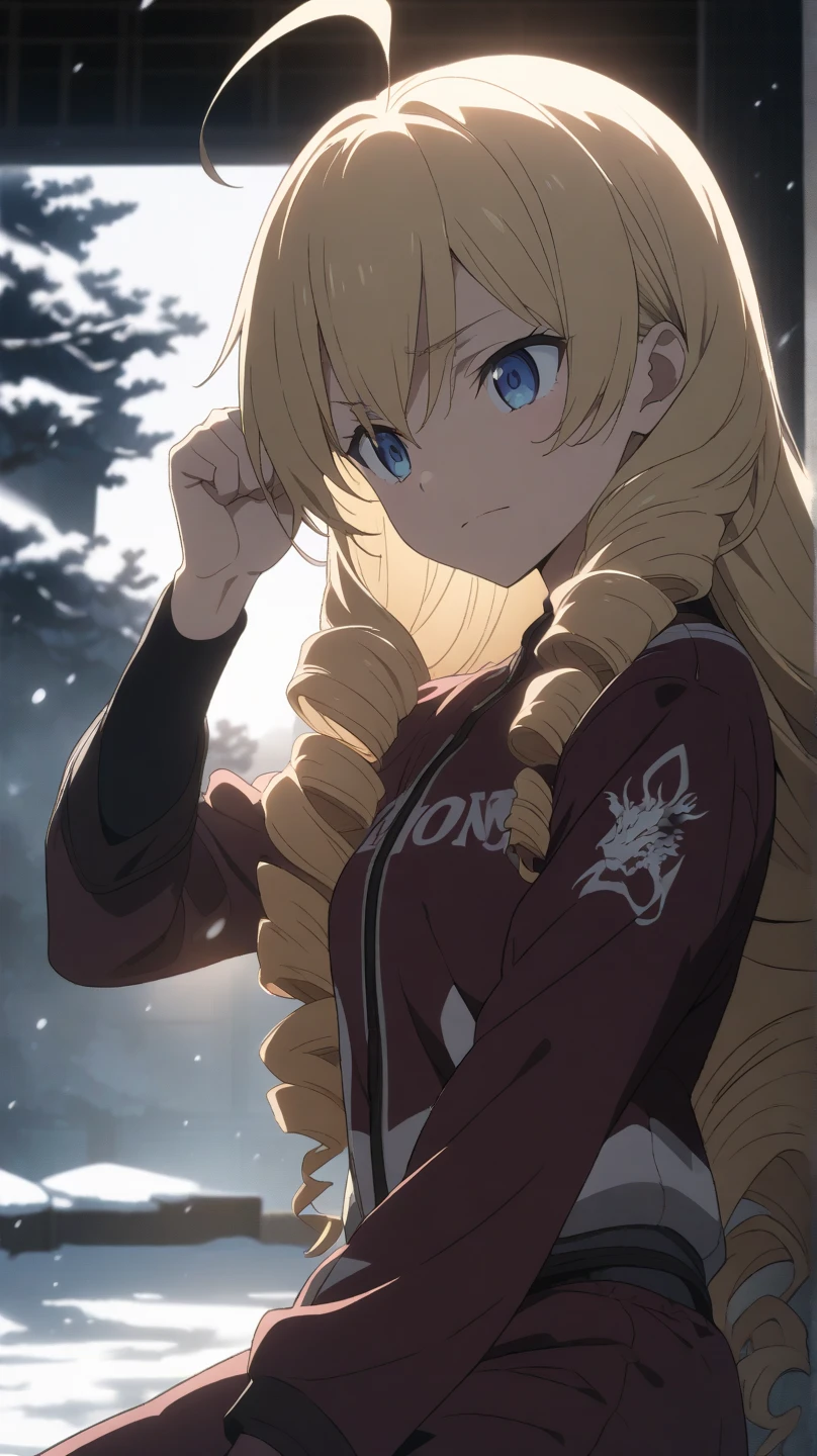 ultra-detailed, detailed face, Solo, a girl, blonde, long hair, drill hair, ahoge, blue eyes, slant eyes, narrow eyes, maroon sportswear long pants, maroon sportswear, Black platform boots, grinning, neutral, expressionless, Mouth grinning, raised fist, (a white eastern dragon glares behind the girl), white snow background with east asian architecture, anime, illustration, masterpiece, best quality, detailed, mystical atmosphere, Dark atmosphere, soft-edged, soft surface, simple line drawing, spot lighting, backlighting, moody lighting, underlighting, sharp shadows, fast shutter speed, 2D Anime, Best Hands, Best Hand, 135mm, F4.0, SONY FE GM,  クローズアップ, 