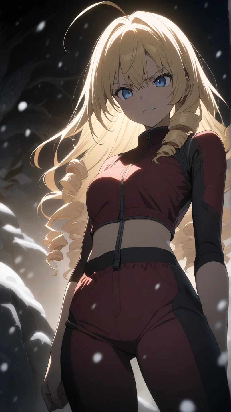 ultra-detailed, detailed face, Solo, a girl, blonde, long hair, drill hair, ahoge, blue eyes, slant eyes, narrow eyes, maroon sportswear long pants, maroon sportswear, Black platform boots, grinning, neutral, expressionless, Mouth grinning, raised fist, (a white eastern dragon glares behind the girl), white snow background with east asian architecture, anime, illustration, masterpiece, best quality, detailed, mystical atmosphere, Dark atmosphere, soft-edged, soft surface, simple line drawing, spot lighting, backlighting, moody lighting, underlighting, sharp shadows, fast shutter speed, 2D Anime, Best Hands, Best Hand, 135mm, F4.0, SONY FE GM,  クローズアップ, 