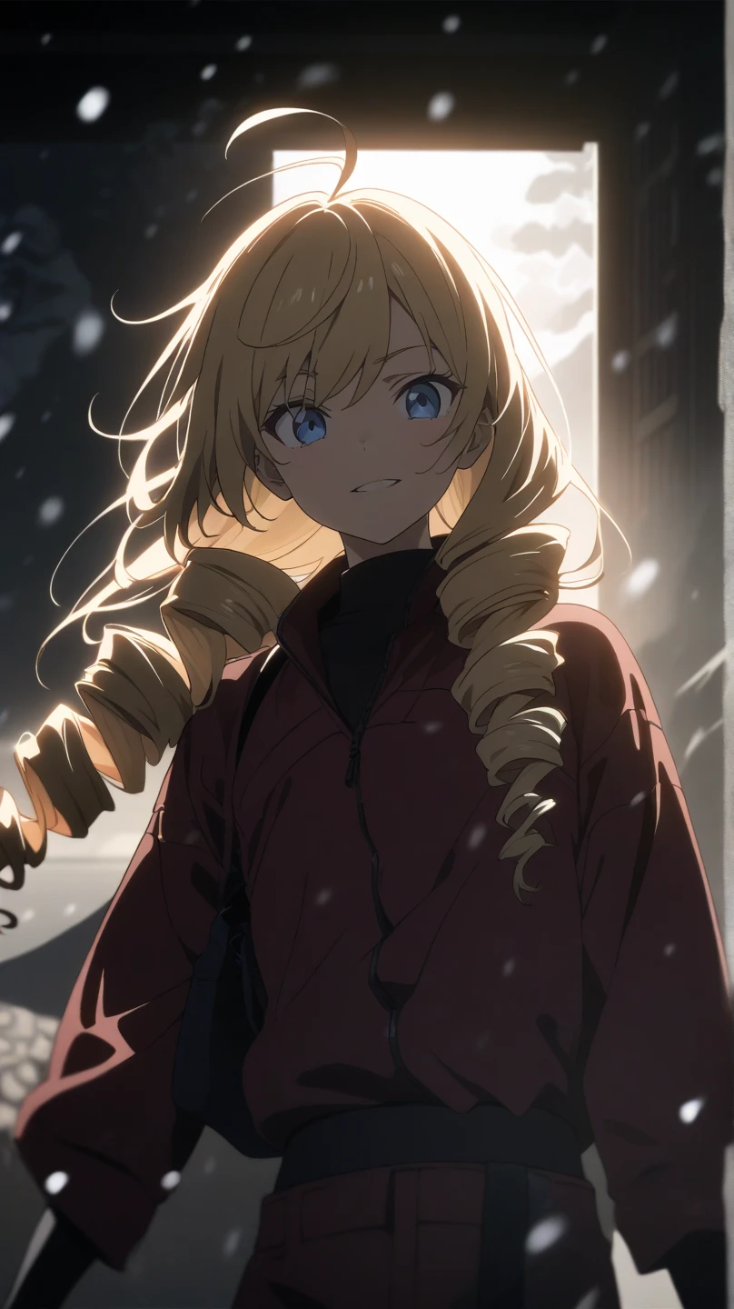 ultra-detailed, detailed face, Solo, a girl, blonde, long hair, drill hair, ahoge, blue eyes, slant eyes, narrow eyes, maroon sportswear long pants, maroon sportswear, Black platform boots, grinning, neutral, expressionless, Mouth grinning, raised fist, (a white eastern dragon glares behind the girl), white snow background with east asian architecture, anime, illustration, masterpiece, best quality, detailed, mystical atmosphere, Dark atmosphere, soft-edged, soft surface, simple line drawing, spot lighting, backlighting, moody lighting, underlighting, sharp shadows, fast shutter speed, 2D Anime, Best Hands, Best Hand, 135mm, F4.0, SONY FE GM,  クローズアップ, 