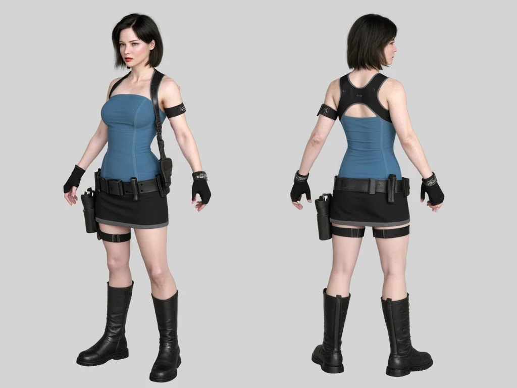 Jill Valentine Resident Evil Apocalypse wearing black boots, black hair, skirt, blue top, "character design", "concept art", "front, back, and side view", empty background.