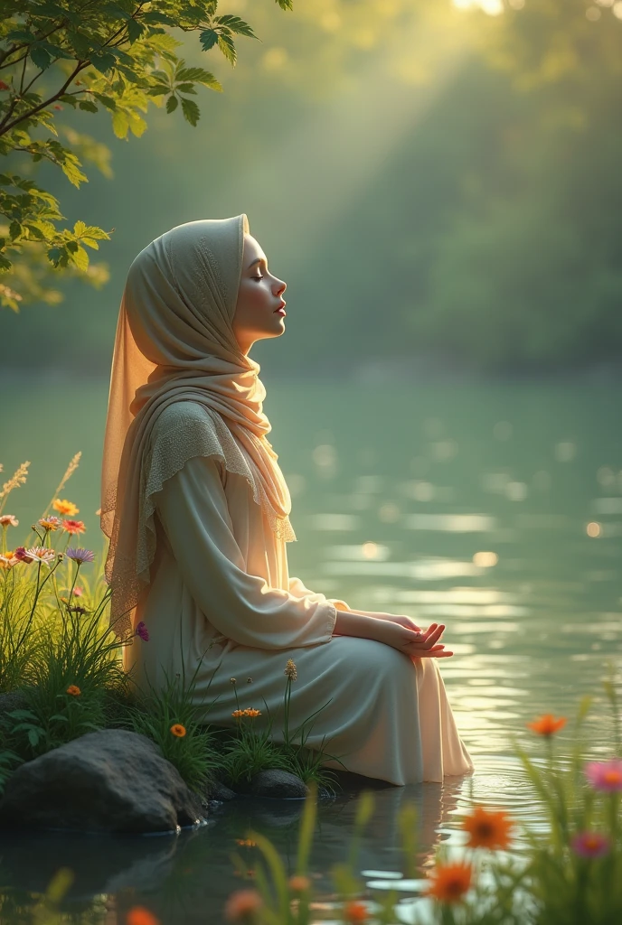 Women beautiful Russian hijabers are sitting by the river that flows beautifully surrounded by fir trees on a clear morning with the light of the sun shining, shine it
