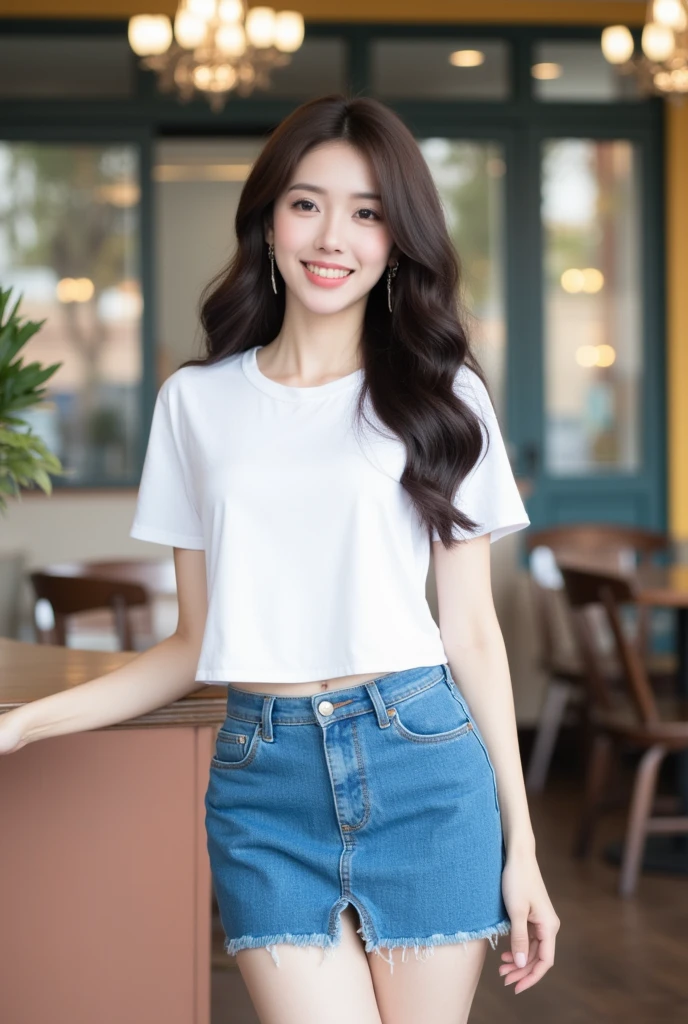 . The image is a digital graphic of a Thai woman. ,White skin and brown hair , Looking with a neutral face color . Smiling, seeing white teeth,, facial features including black eyes and a slight smile..  Cafe Background , focusing attention on her face,, wearing a cropped T-shirt, round neck, short sleeves, white , Short Pencil Blue Denim Skirt,Random Pose ,Standing posture