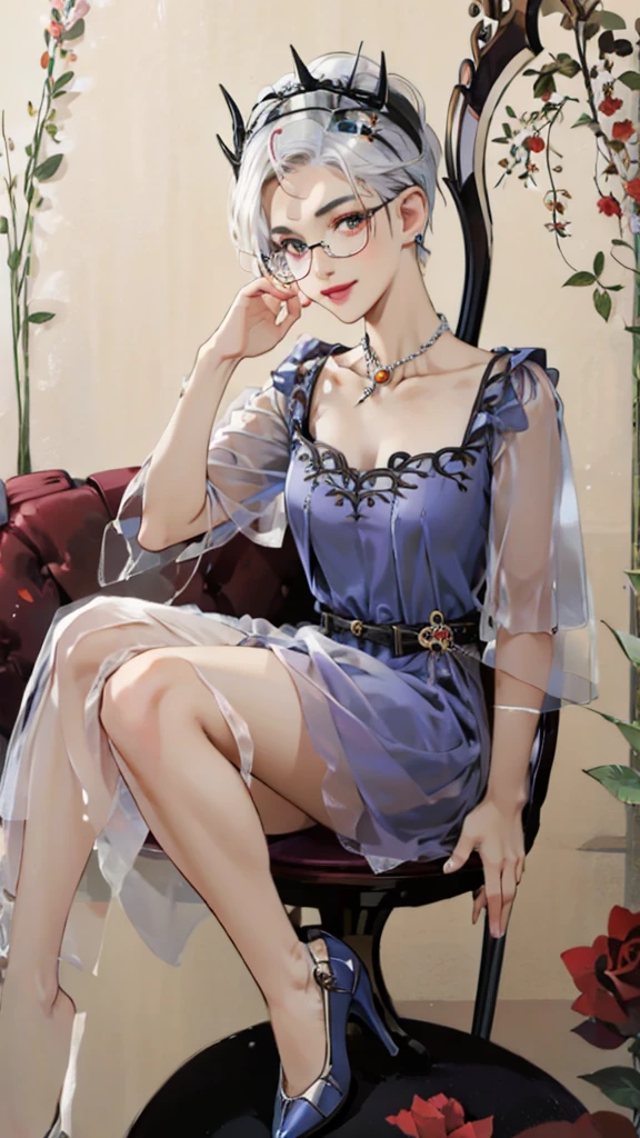 8k, masterpiece, best quality, highly detailed, 1 girl, devil, demon horns, warlock, pixie cut, white hair, multicolored hair, very short straight hair, red highlight hair on white hair, stippled hair, wearing glasses, round glasses, earrings, red eyeshadow, long eyelashes, winking, playful demeanor, blushed cheek, purple lips, pearl necklace, rings, collarbone, mole on face, glamorous, teal and purple clothing, maid costume, stocking, naval piercing, close up view, happy smile, high heels, rings, looking at viewer, sitting pose, exposed nape, winter, blizzard, wearing crown, cronwed, see-thru clothes, giant scythe in background, leg crossing, hands on knees, roses.