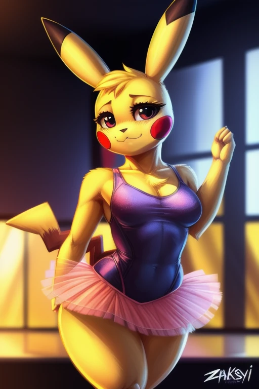 by zackary911, zackary911, (((Pikachu, anthro, extremely detailed, extremely detailed legs, extremely detailed arms, extremely detailed face, perfectly detailed eyes, ultra-detailed hands, perfectly detailed anatomy, well shaped body, female)): solo, curved thighs, long jagged tail, carmesi eyes, day, blushed, looking to the viewer with a loving expression, detailed background, dance studio background, front lateral view, medium breasts, ballet singlet, tutu