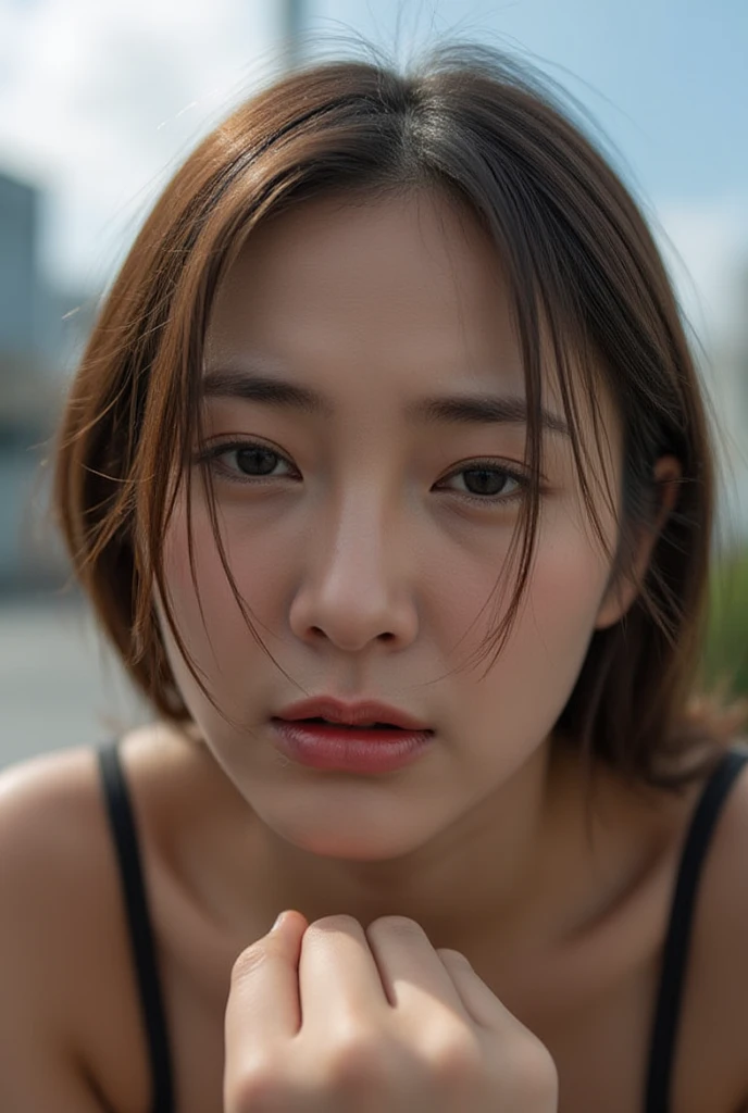  beautiful Japanese actress , 1 girl,Flying debris,, Award-Winning Photos ,   very detailed,  FOCUS YOUR EYES , Nose and mouth, focus on face ,  extreme upclose face、 Age 35,Brown Hair、Symmetrical face, Realistic nostrils 、  If 、Extended C-shaped nostrils ,(Sharp Nose)Sweaty skin、 glowing skin,(Brow wrinkles))（Semen on tongue)、(( thin eyebrows)) oily skin 、 growing skin、 double eyelids in judo uniforms、、 beautiful women、  medium hair、  shortcuts 、 tank top, I can see the sky 、 Shibuya Center Street 、(((  show your side,throw))), raise eyebrows , (((Hold your mouth, Frowning, Crazy, Frowning))),  textured skin,Long upper arms,(( open eyes and cry, , Drunk, The face of patience)) squat, Big Breasts ,((Keep your arms up at all times、 show me your armpits))Long arms,Frowningをする,odor,  Exciting ,  sad, I'm sleepy I saw , Frowning, The face of durability((Frowning,  raise eyebrows , frown))