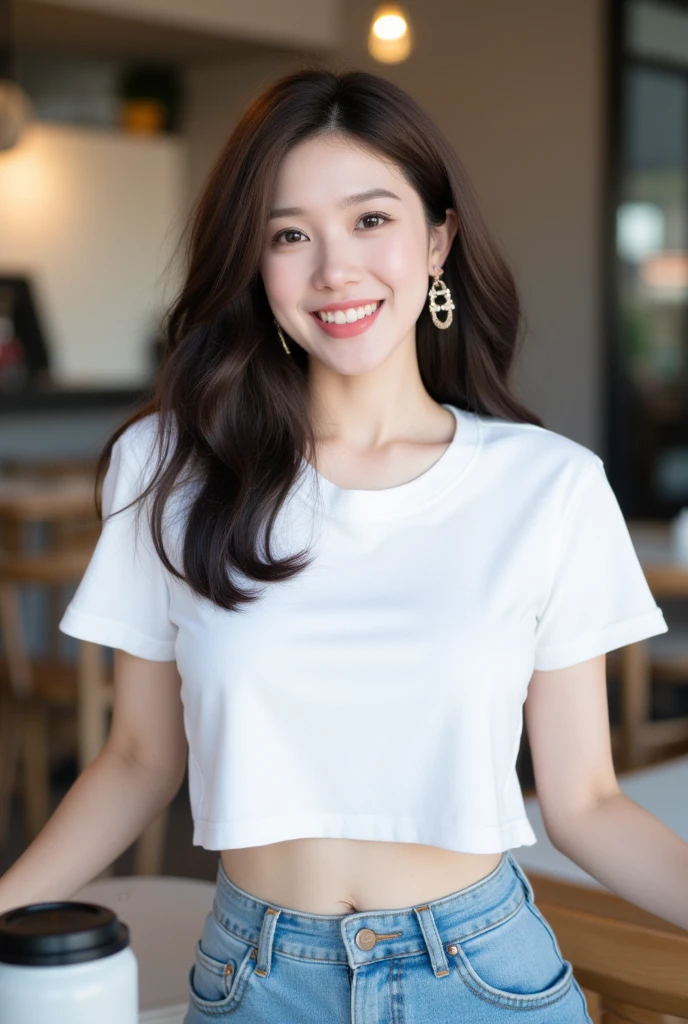 . The image is a digital graphic of a Thai woman. ,White skin and brown hair , Looking with a neutral face color . Smiling, seeing white teeth,, facial features including black eyes and a slight smile..  Cafe Background , focusing attention on her face,, wearing a cropped T-shirt, round neck, short sleeves, white , Short Pencil Blue Denim Skirt,Random Pose ,Standing posture,alone