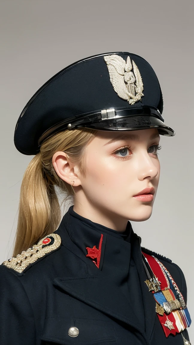 (((Best quality, 8k, Masterpiece: 1.3)), ((best quality)), ((masterpiece)), (detailed), perfect face, Military uniform, French officer, Napoleon, blonde hair, ponytail, serious