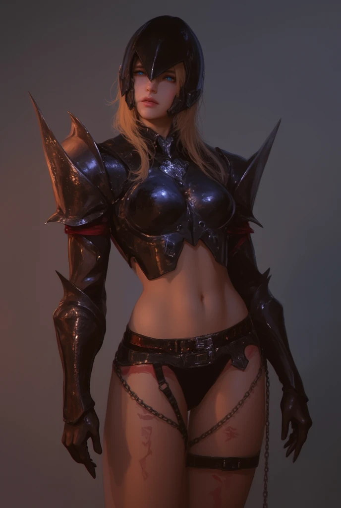 ((BLACK BACKGROUND1:2)) masterpiece, best quality, high quality, 1solo white SKIN elf, long hair, blonde hair, yellow eyes, full body, black bikini, looking at viewer, shiny, black thighhighs, high boots,shoulder armor, faulds, poleyn, gloves, gauntlets, FEET TOGETHER STANDING SYMMETRICAL, female elf big knockers bikini
