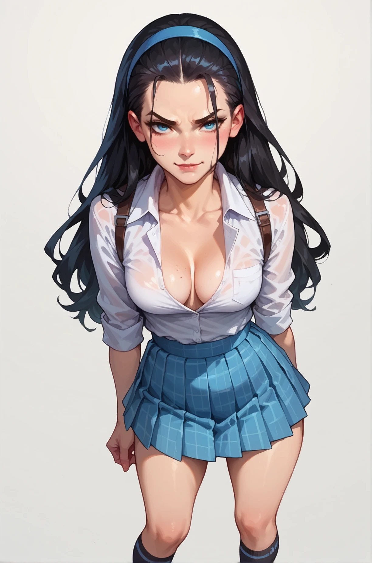 score_9, score_8_up, score_7_up, cartoon of a girl, solo, blue eyes, closed mouth, smirk, black hair, long hair, hair slicked back, straight hair, hairband, white collared shirt, blue plaid pleated skirt, black thigh high sock, cleavage, small breast, thighs, standing, pov, simple background