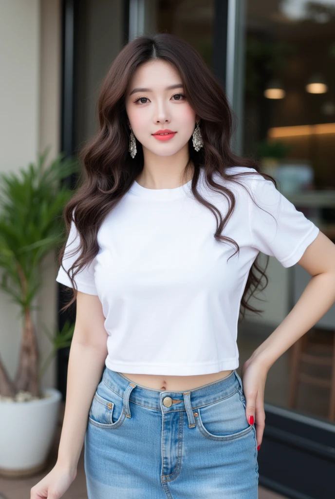 . The image is a digital graphic of a Thai woman. ,White skin and brown hair , Looking with a neutral face color . Smiling, seeing white teeth,, facial features including black eyes and a slight smile..  Cafe Background , focusing attention on her face,, wearing a cropped T-shirt, round neck, short sleeves, white , Short Pencil Blue Denim Skirt,Random Pose ,Standing posture,alone