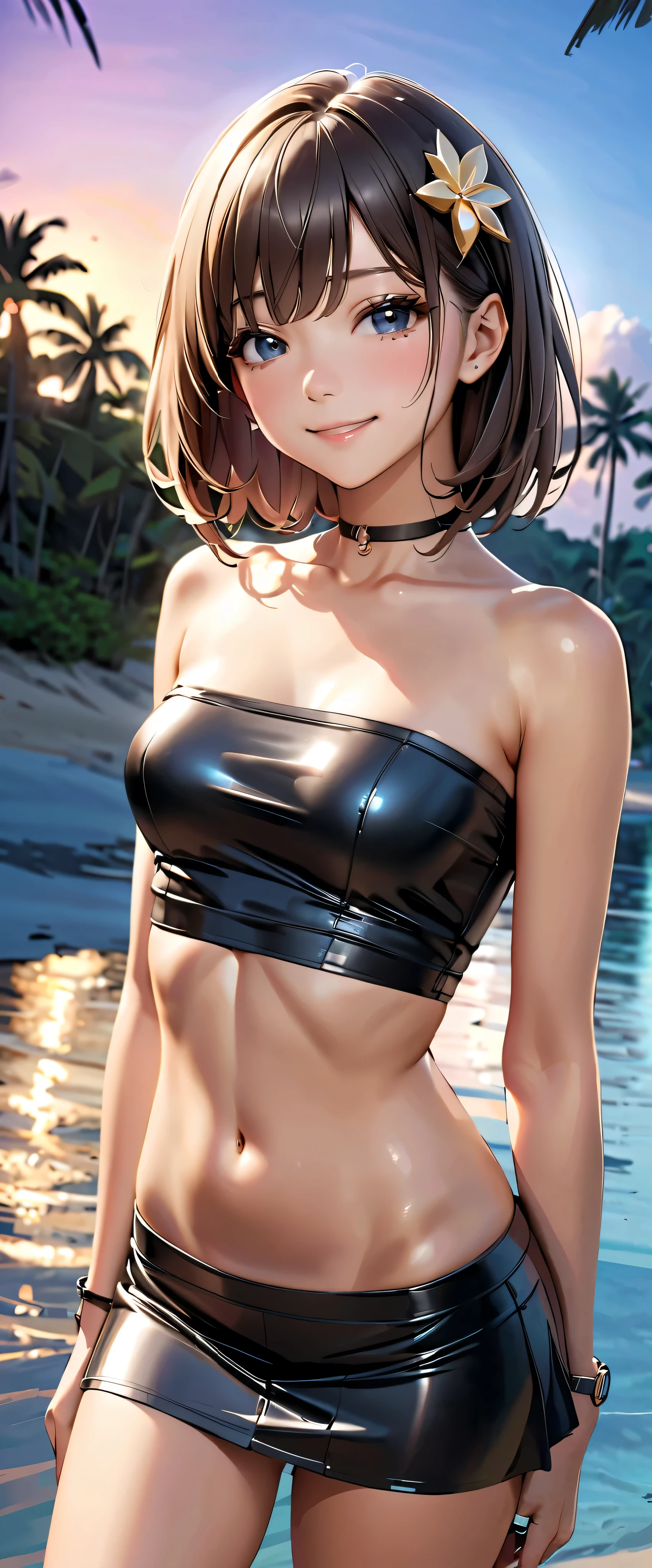 top quality , super high res, ( realistic:1.4), One person, small breasts, black chokers, smile, Exposing shoulders, Focus Only , Watch viewers,Fair skin,sunset, palm trees, photon mapping, looking up with moist eyes, RAW photos , very detailed background, K-pop idol, is written by,beach, hair ornament, detailed face , pubic skin, game cg,whole body, shiny micro mini skirt,black shiny micro tube top,