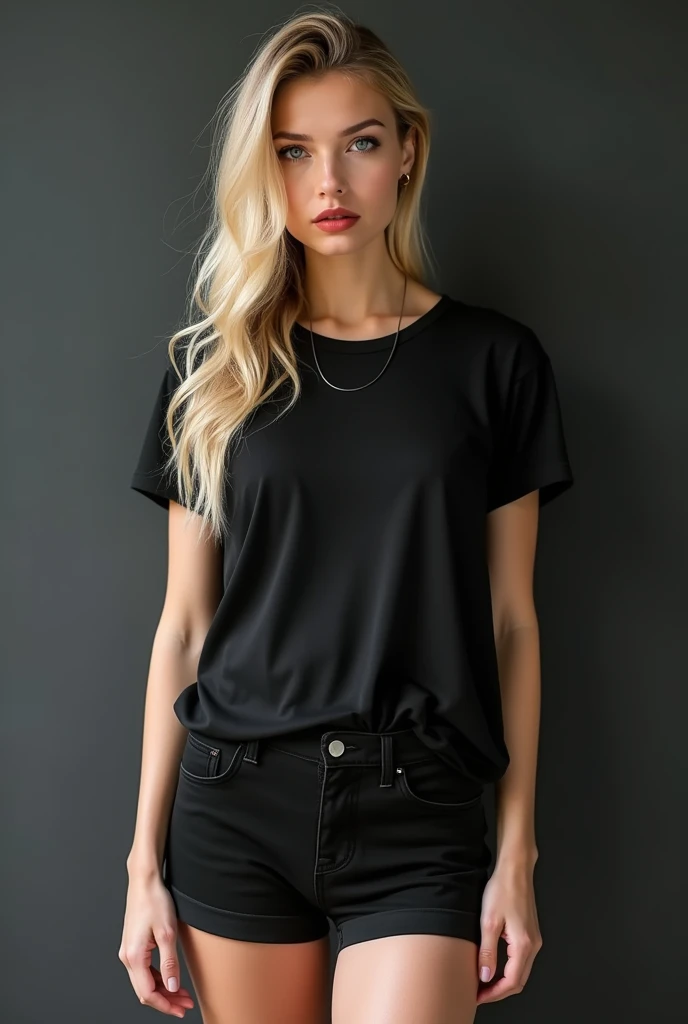 White Blonde girl with sharp jaw line wearing black sexy casual clothes