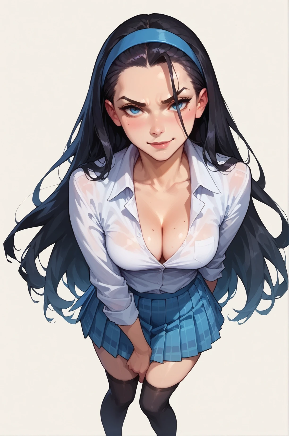 score_9, score_8_up, score_7_up, cartoon of a girl, solo, blue eyes, closed mouth, smirk, black hair, long hair, hair slicked back, straight hair, hairband, white collared shirt, blue plaid pleated skirt, black thigh high sock, cleavage, small breast, thighs, standing, pov, simple background