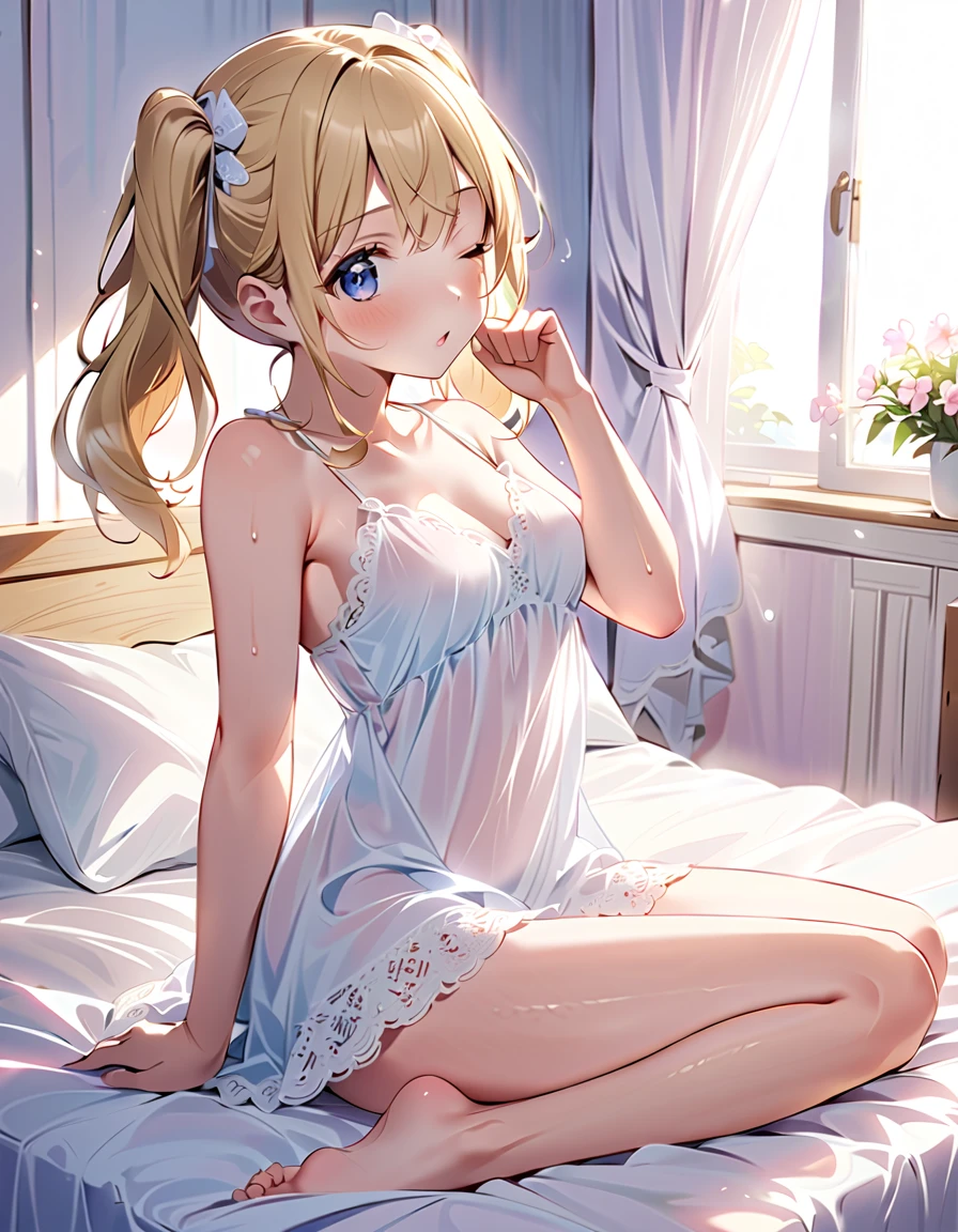 (Masterpiece, top quality, super high quality, super high detail, beautiful hair, beautiful eyes, perfect face, animated illustration),
 girl's room, pretty white based room, morning sun coming through the window, white lace curtains, not wooden room,
 blonde hair with slightly curly hair, short high twin tails up both sides, very ish face, hanging She is sitting on the bed wearing only a large, pretty negligee, nothing on the lower half of her body, one eye closed, right hand on her chin, left arm up, back turned out, with her left hand on her chin. She has her left arm up, her back is turned, her mouth is wide open, muzzy effect, bare feet, thighs, sweaty, sweaty armpits, sitting on the bed with her legs open, no pants, no bra on the lower half of her body,