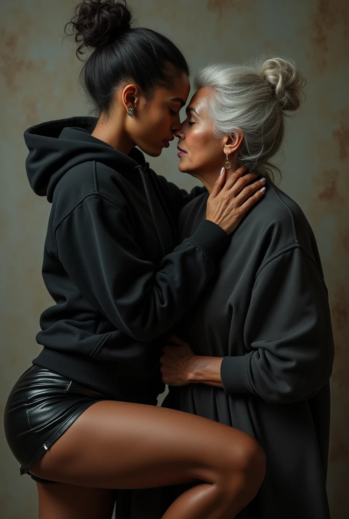 black woman hair in a bun black hoodie black leather short shorts a old grandma in a dress on her knees kissing her ass behind her squeezing her butt