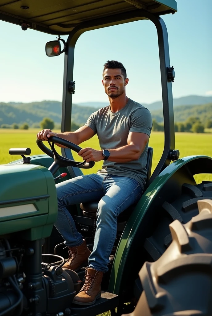 Realistic amateur photo posted on , handsome men ,sitting on the tractor, half resolution, phot realisting