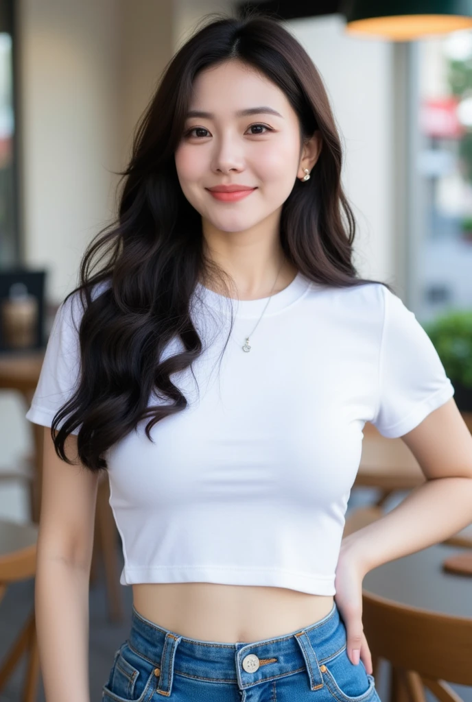 . The image is a digital graphic of a Thai woman. ,White skin and brown hair , Looking with a neutral face color . Smiling, seeing white teeth,, facial features including black eyes and a slight smile..  Cafe Background , focusing attention on her face,, wearing a cropped T-shirt, round neck, short sleeves, white , Short Pencil Blue Denim Skirt,Random Poses,Standing posture,alone