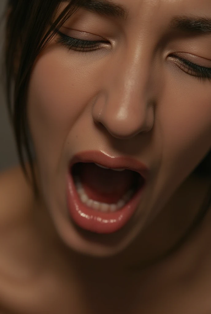 1 Girl,flying debris,,Award-winning photo, Very detailed, Edge Orgasm,Face Focus, (Woman with open mouth and closed eyes ), 30 years old、Black Hair、Shiny skin,From below、Realistic nostrils、Long and narrow nasal cavity,、Glass-walled office、(Modern interior office)、congestion、Are standing、((suit))、Big Breasts、(Sharp Nose)Frowning performance:1.4, concept,teeth,performance,facial performances,Frowning,Lift your head、Skin shiny with sweat