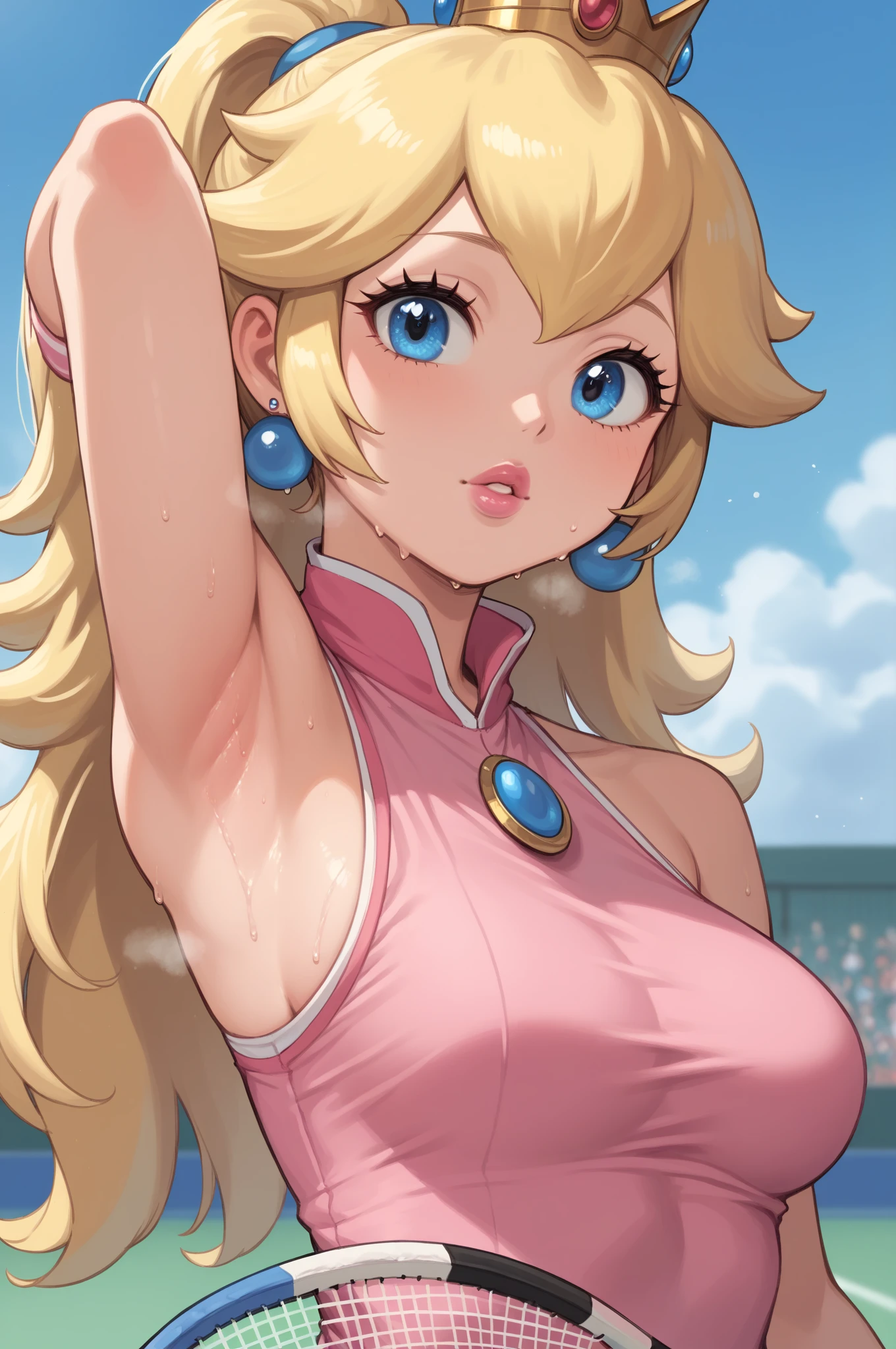 score_9_up, score_8_up, score_7_up, source_anime, (masterpiece, perfectly detailed, detailed face, detailed eyes, beautiful eyes), CuteMaster_PS, 1girl, princess peach, blonde hair, crown, blue eyes, long hair, jewelry, tennis racket, sleeveless, earrings, ball, armpits, holding, medium breasts, upper body, pink dress, wristband, sportswear, parted lips, shirt, pink lips, out of breath, sweaty