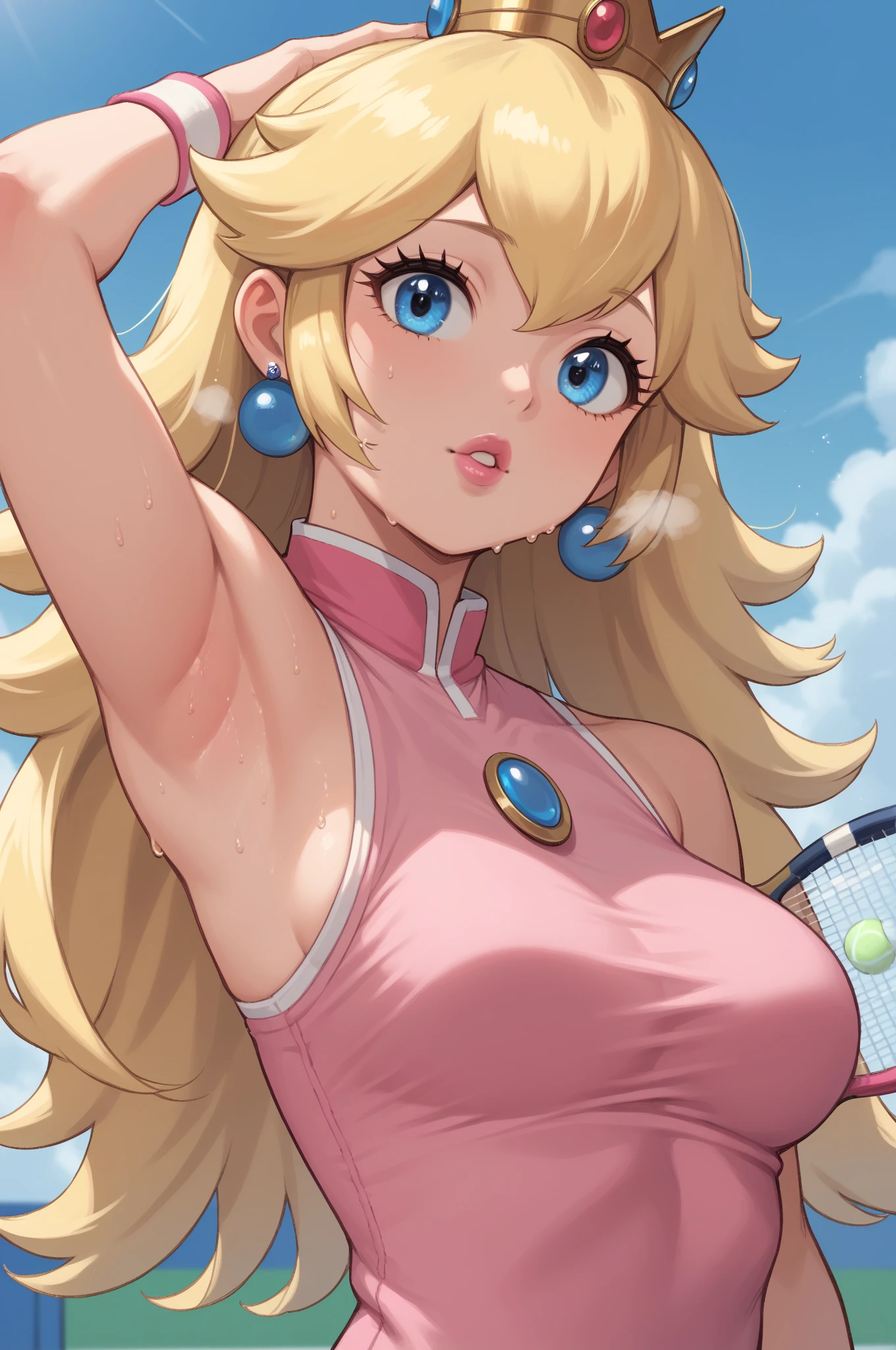 score_9_up, score_8_up, score_7_up, source_anime, (masterpiece, perfectly detailed, detailed face, detailed eyes, beautiful eyes), CuteMaster_PS, 1girl, princess peach, blonde hair, crown, blue eyes, long hair, jewelry, tennis racket, sleeveless, earrings, ball, armpits, holding, medium breasts, upper body, pink dress, wristband, sportswear, parted lips, shirt, pink lips, out of breath, sweaty