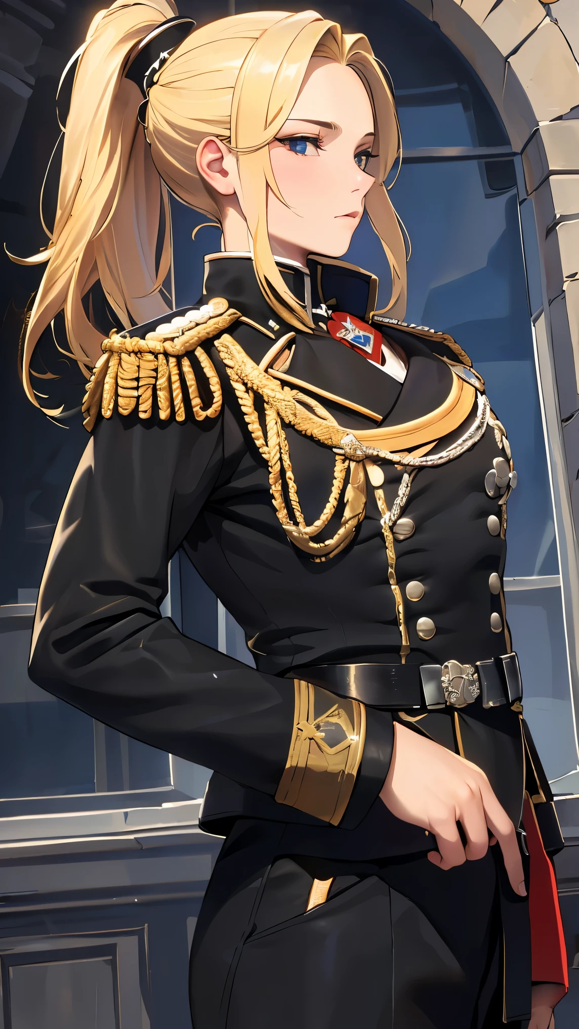 (((Best quality, 8k, Masterpiece: 1.3)), ((best quality)), ((masterpiece)), (detailed), perfect face, Military uniform, French officer, Napoleon, blonde hair, ponytail