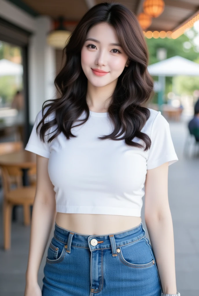 . The image is a digital graphic of a Thai woman. ,White skin and brown hair , Looking with a neutral face color . Smiling, seeing white teeth,, facial features including black eyes and a slight smile..  Cafe Background , focusing attention on her face,, wearing a cropped T-shirt, round neck, short sleeves, white , Short Pencil Blue Denim Skirt, wearing white sneakers ,Random Pose ,Standing posture,alone