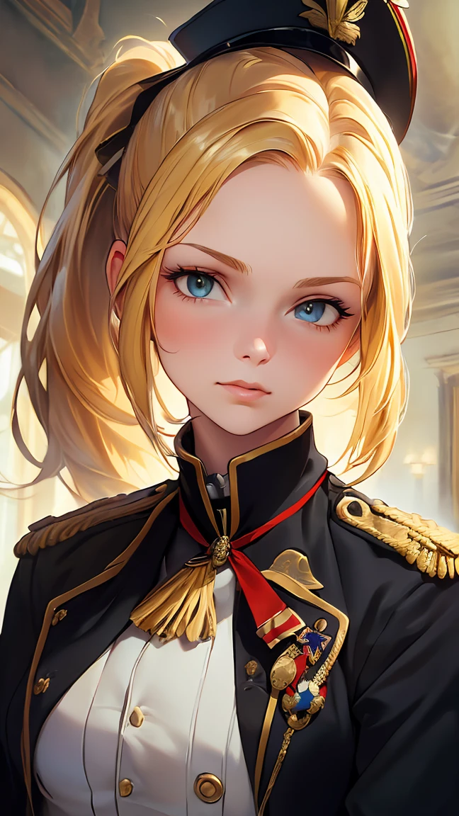 (((Best quality, 8k, Masterpiece: 1.3)), ((best quality)), ((masterpiece)), (detailed), perfect face, Military uniform, French officer, Napoleon, blonde hair, ponytail