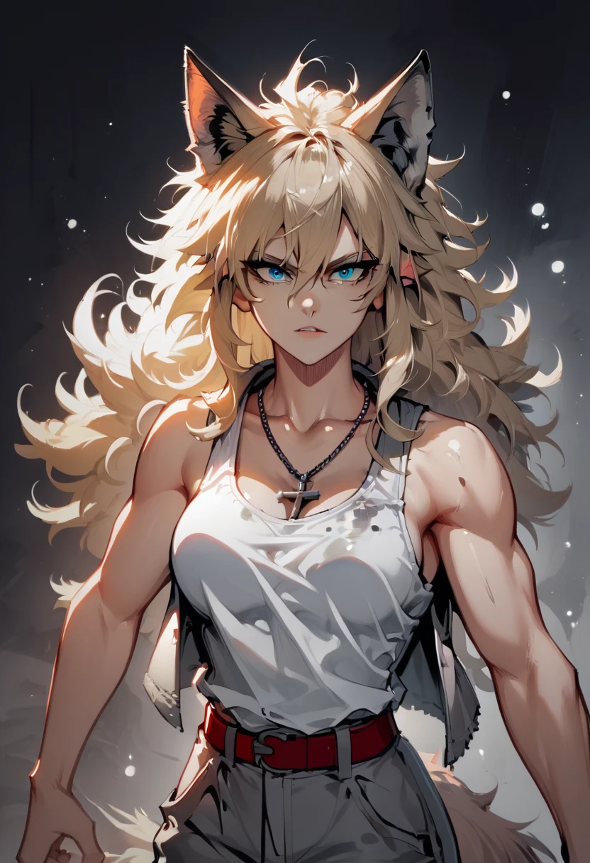 score_9, score_8_up, score_7_up, source_anime, 1woman, A woman, a werewolf woman, light blonde messy long mane, blue eyes, light skin, blue eyes, fox eyes, enlogated face buff frame, strong, messy clothes, white tank top, baggy pants, tomboy, gray jacket, wolf ears, night time, red belt, a cross necklace around her neck, bust, strong arms, dynamic pose, Oil painting finish, aid210,
