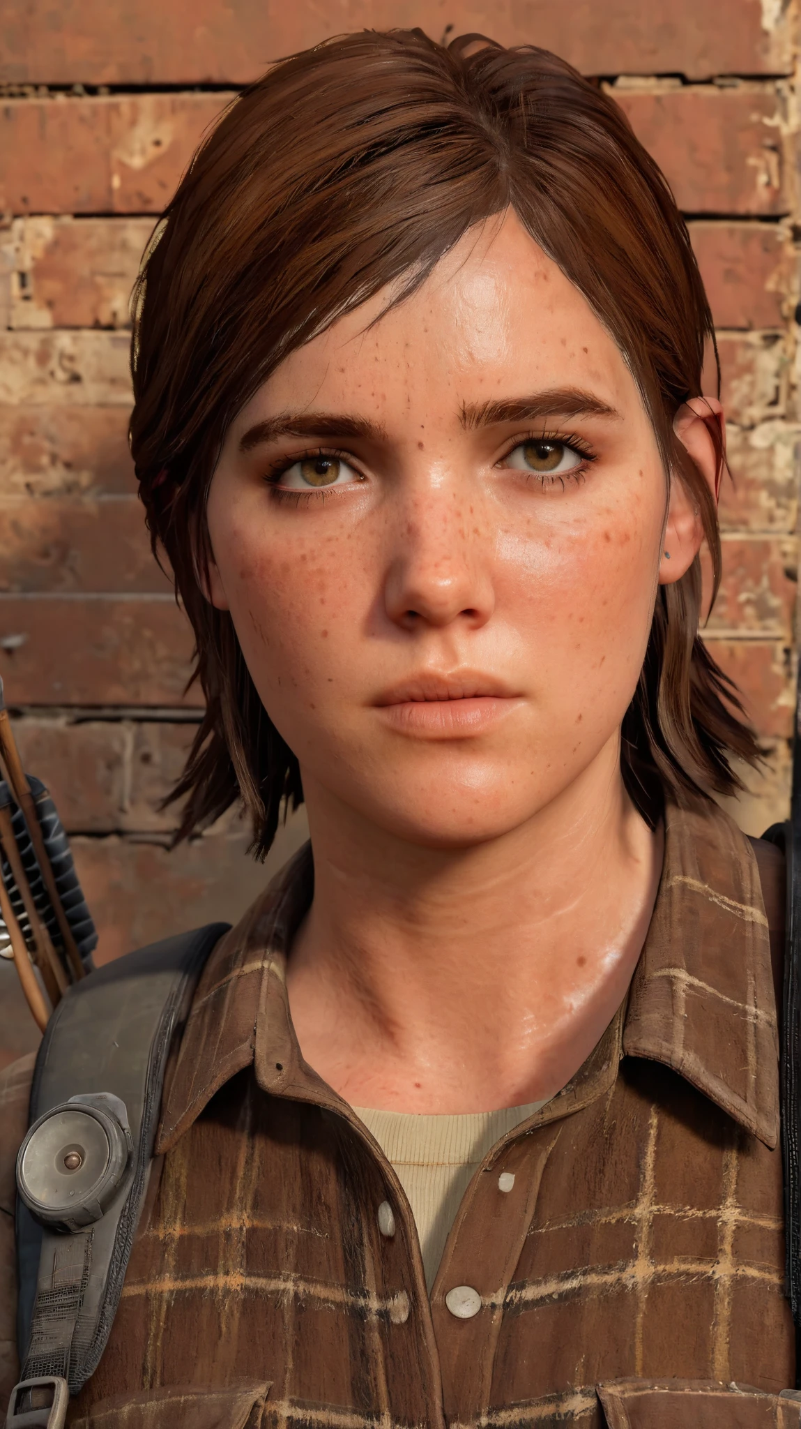 ellie williams,  brown  hair, vest bloodbest HDR 8k Movie 4D realism, 
The Last of Us: Part III Ellie epilogue' Short Hair Supremacy in The Last of Us 3 Hairstyle, 
Santa Barbara Ellie epilogue in The Last of Us: Part 3
I was responsible for Ellie epilogue's Santa Barbara hair, body and outfit. hair style, freckles, brown gray eyes, A close-up of a woman with freckles on her face, Brown hair, 
(Vintage Pendleton Wool Shirt Size 15 Checks Buttoned Long Sleeve Brown DICKIES,on a wasteland,) 
Ankle boots, M14 1945 Rifles & Bow Arrow,rest against a worn, earthy-toned wall, as if abandoned in the midst of a desperate battle,Every element is richly detailed, with intricate textures and realistic lighting, transporting the viewer into the gritty world of The Last of us 